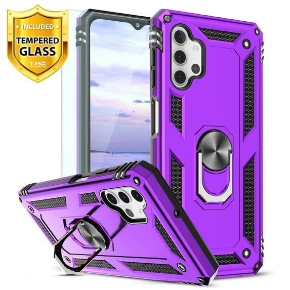 TJS for Samsung Galaxy A32 5G Phone Case, with Tempered Glass Screen Protector Impact Resistant Metal Ring Magnetic Support Armor Heavy Duty Protector Cover (Purple)