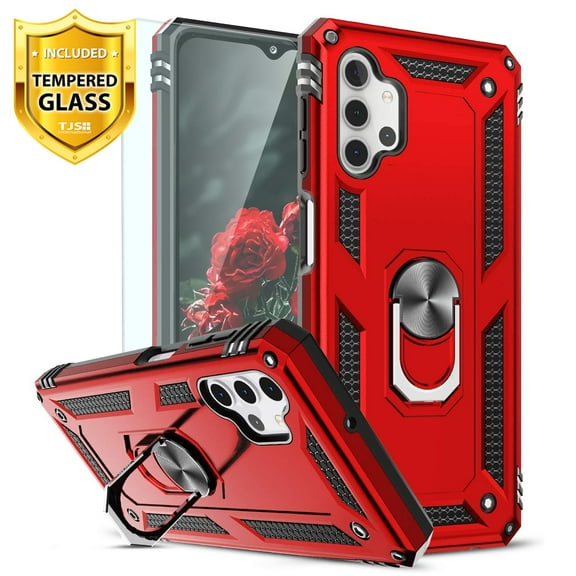 TJS for Samsung Galaxy A32 5G Phone Case, with Tempered Glass Screen Protector Impact Resistant Metal Ring Magnetic Support Armor Heavy Duty Protector Cover (Red)