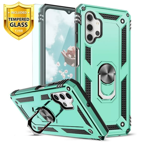 TJS for Samsung Galaxy A32 5G Phone Case, with Tempered Glass Screen Protector Impact Resistant Metal Ring Magnetic Support Armor Heavy Duty Protector Cover (Teal)