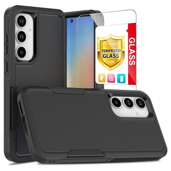 TJS for Samsung Galaxy A35 5G / A55 5G Phone Case, with Tempered Glass Screen Protector, Heavy Duty Rugged Shockproof Full Body Protection Cover for Galaxy A35 5G / Galaxy A55 (Black)