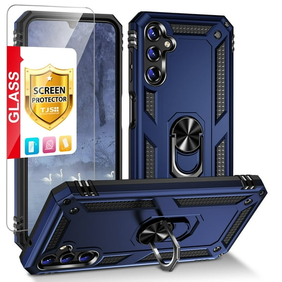 TJS for Samsung Galaxy A35 5G Phone Case, with Tempered Glass Screen Protector, Impact Resistant Metal Ring Magnetic Support Kickstand Drop Protector Cover for Galaxy A35 5G (Blue)