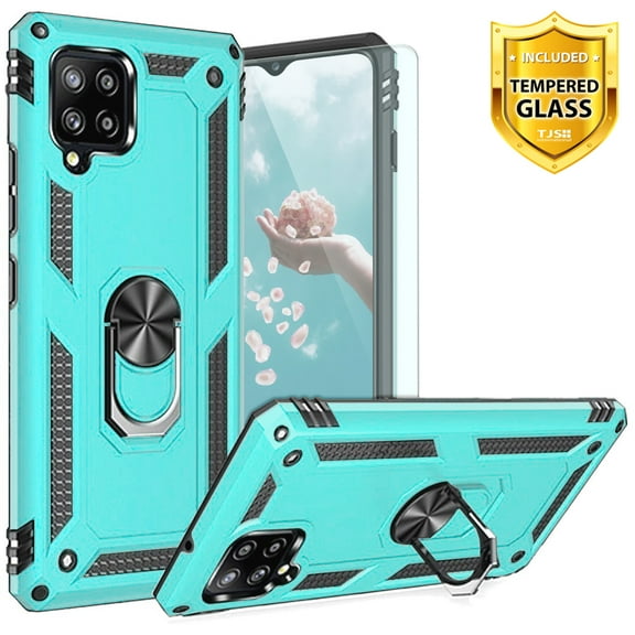 TJS for Samsung Galaxy A42 5G Phone Case, with Tempered Glass Screen Protector, Impact Resistant Metal Ring Magnetic Support Kickstand Cover for Galaxy A42 5G (Teal)
