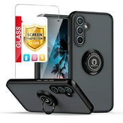TJS for Samsung Galaxy A54 5G Phone Case, with Tempered Glass Screen Protector, 360 Degrees Rotating Metal Ring Magnetic Support Kickstand Cover for Galaxy A54 5G Black