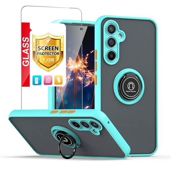 TJS for Samsung Galaxy A54 5G Phone Case, with Tempered Glass Screen Protector, 360 Degrees Rotating Metal Ring Magnetic Support Kickstand Cover for Galaxy A54 5G (Light Blue)