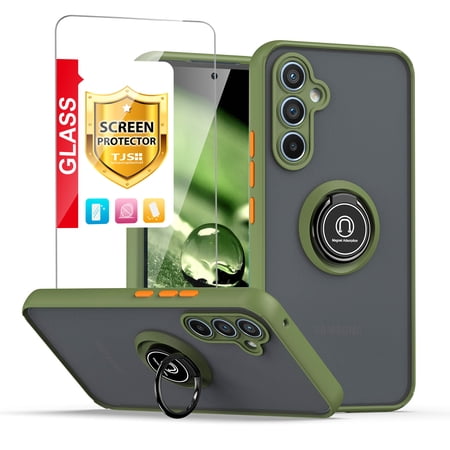 TJS for Samsung Galaxy A54 5G Phone Case, with Tempered Glass Screen Protector, 360 Degrees Rotating Metal Ring Magnetic Support Kickstand Cover for Galaxy A54 5G (Green)