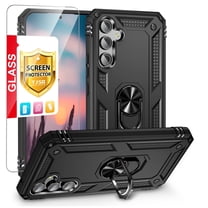 TJS for Samsung Galaxy A54 5G Phone Case, with Tempered Glass Screen Protector, Impact Resistant Metal Ring Magnetic Support Kickstand Drop Protector Cover for Galaxy A54 5G (Black)
