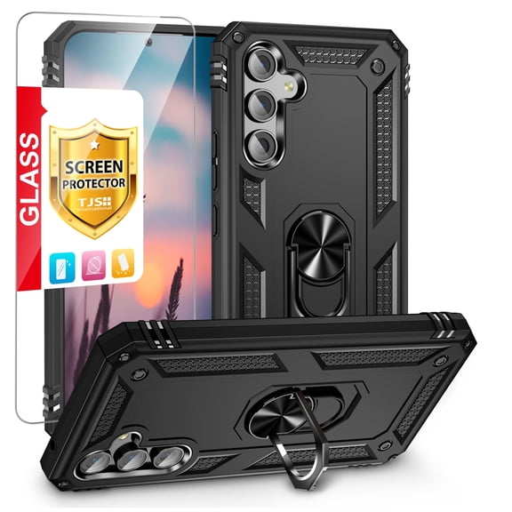 TJS for Samsung Galaxy A54 5G Phone Case, with Tempered Glass Screen Protector, Impact Resistant Metal Ring Magnetic Support Kickstand Drop Protector Cover for Galaxy A54 5G (Black)