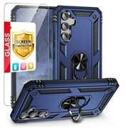 TJS for Samsung Galaxy A54 5G Phone Case, with Tempered Glass Screen Protector, Impact Resistant Metal Ring Magnetic Support Kickstand Drop Protector Cover for Galaxy A54 5G Blue