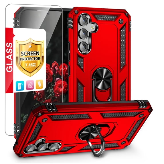 TJS for Samsung Galaxy A54 5G Phone Case, with Tempered Glass Screen Protector, Impact Resistant Metal Ring Magnetic Support Kickstand Drop Protector Cover for Galaxy A54 5G (Red)