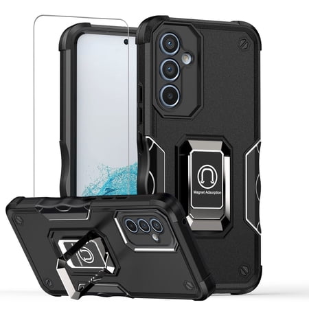 TJS for Samsung Galaxy A54 5G Phone Case, with Tempered Glass Screen Protector, [Military Grade] Heavy Duty Magnetic Support Ring Kickstand Cover for Galaxy A54 5G (Black)