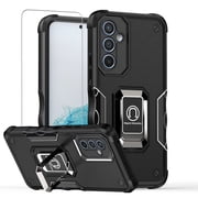 TJS for Samsung Galaxy A54 5G Phone Case, with Tempered Glass Screen Protector, [Military Grade] Heavy Duty Magnetic Support Ring Kickstand Cover for Galaxy A54 5G Black