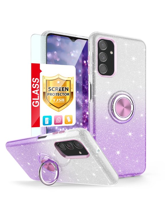for Samsung Galaxy A54 5G Phone Case, with Tempered Glass Screen Protector, Two Tone Shinny Glitter Metal Ring Magnetic Support Kickstand Cover for Galaxy A54 5G (Purple)