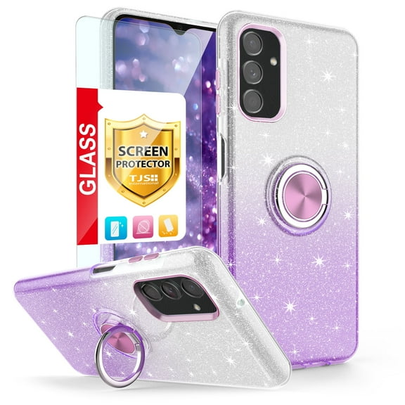 TJS for Samsung Galaxy A54 5G Phone Case, with Tempered Glass Screen Protector, Two Tone Shinny Glitter Metal Ring Magnetic Support Kickstand Cover for Galaxy A54 5G (Purple)