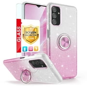 TJS for Samsung Galaxy A54 5G Phone Case, with Tempered Glass Screen Protector, Two Tone Shinny Glitter Metal Ring Magnetic Support Kickstand Cover for Galaxy A54 5G (Pink)