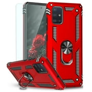TJS for Samsung Galaxy A71 5G Case Not Fit Galaxy A71 4G/Galaxy A71 5G UW, with Tempered Glass Screen Protector Impact Resistant Defender Metal Ring Magnetic Support Protector Armor Cover Red