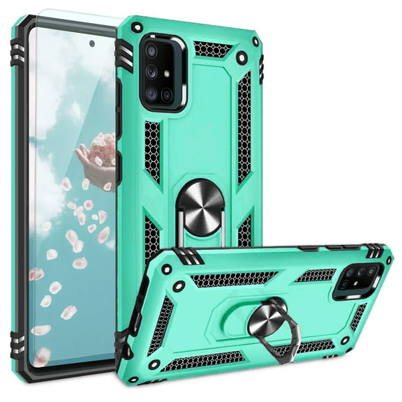TJS for Samsung Galaxy A71 5G Case (Not Fit Galaxy A71 4G/Galaxy A71 5G UW), with Tempered Glass Screen Protector Impact Resistant Defender Metal Ring Magnetic Support Protector Armor Cover (Teal)