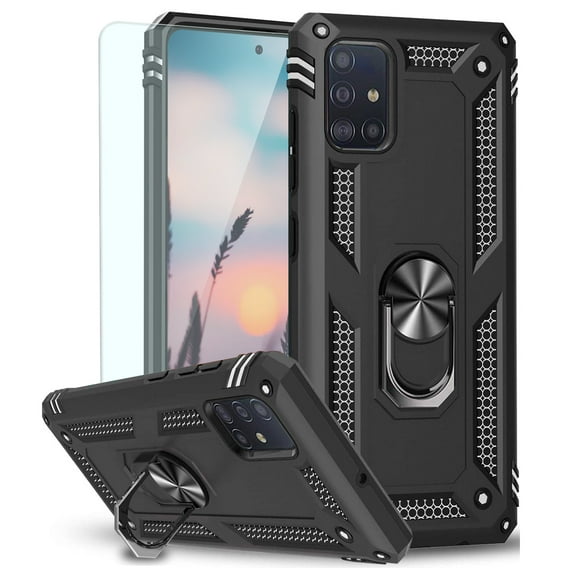 TJS for Samsung Galaxy A71 5G Case (Not Fit Galaxy A71 4G/Galaxy A71 5G UW), with Tempered Glass Screen Protector Impact Resistant Defender Metal Ring Magnetic Support Protector Armor Cover (Black)