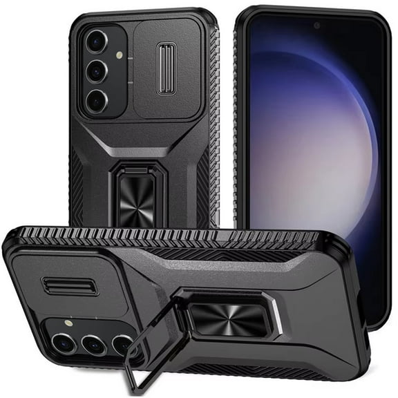 TJS for Samsung Galaxy S24 FE Phone Case, Impact Resistant Slide Camera Cover Shockproof TPU+PC Lens Protection Metal Ring Magnetic Support Kickstand Cover for Galaxy S24FE (Black)