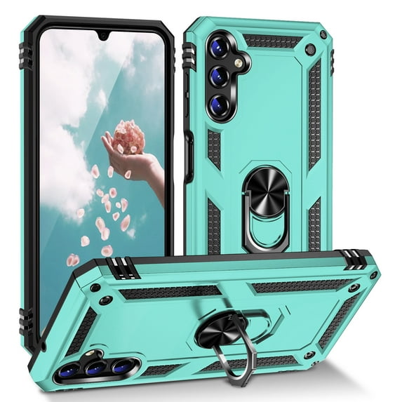 TJS for Samsung Galaxy S24 FE Phone Case, Impact Resistant Metal Ring Magnetic Support Kickstand Drop Protector Cover for Galaxy S24 FE (Teal)
