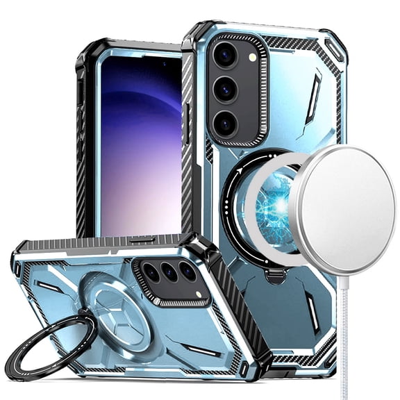 TJS for Samsung Galaxy S24 Plus Phone Case, [Military Grade] Metal Circle Ring Magnetic Support Kickstand Drop Protector Cover for Galaxy S24 Plus (Light Blue)