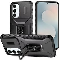 TJS for Samsung Galaxy S25 FE Phone Case, Impact Resistant Slide Camera Cover Shockproof TPU PC Lens Protection Metal Ring Magnetic Support Kickstand Cover (Black)