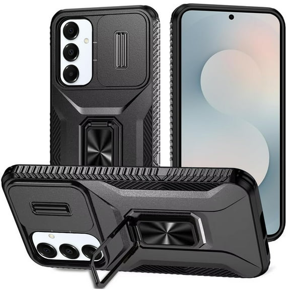 TJS for Samsung Galaxy S25 FE Phone Case, Impact Resistant Slide Camera Cover Shockproof TPU+PC Lens Protection Metal Ring Magnetic Support Kickstand Cover (Black)