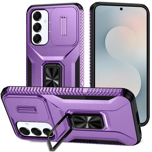 TJS for Samsung Galaxy S25 FE Phone Case, Impact Resistant Slide Camera Cover Shockproof TPU+PC Lens Protection Metal Ring Magnetic Support Kickstand Cover (Purple)