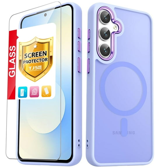 TJS for Samsung Galaxy S25 FE Phone Case, with Tempered Glass Screen Protector, Magnetic Ring Translucent Protective Cover for Samsung S25 FE (Purple)