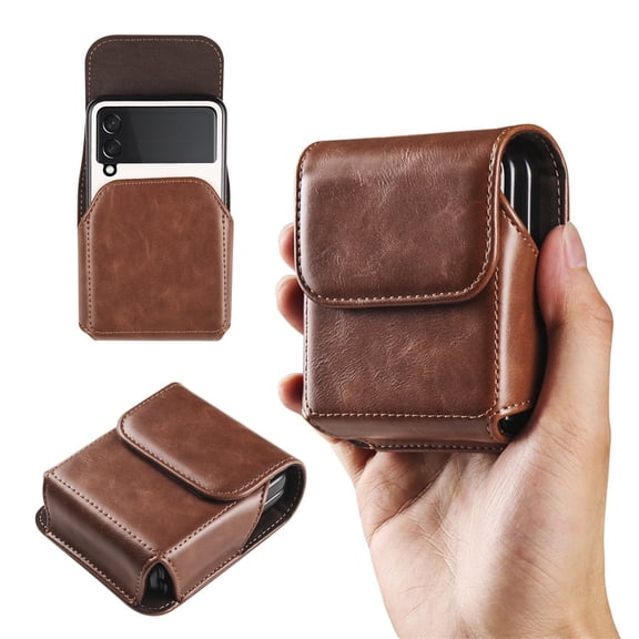 TJS Pouch Case for Motorola Razr 2026/2025/2024/Razr+ 2024/Samsung Galaxy Z Flip 7/6/, Magnetic Closure Flap Holder PU Leather Belt Clip Pouch for Samsung Z Flip Series / Motorola RAZR Series (Brown)