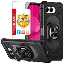TJS for T-Mobile REVVL 8 Phone Case, with Tempered Glass Screen Protector, [Military Grade] Robotic Magnetic Support Car Mount Metal Ring Holder Kickstand Cover (Black)
