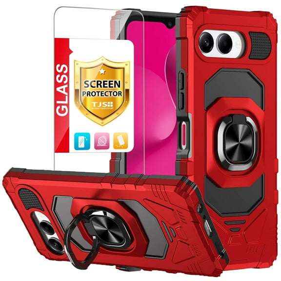TJS for T-Mobile REVVL 8 Phone Case, with Tempered Glass Screen Protector, [Military Grade] Robotic Magnetic Support Car Mount Metal Ring Holder Kickstand Cover (Red)
