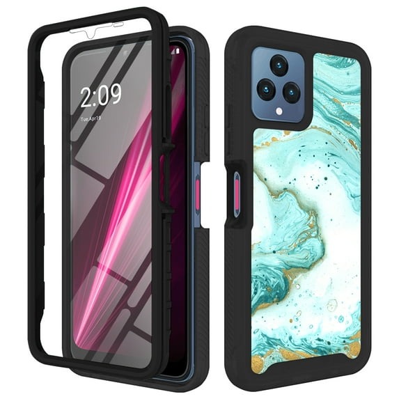 TJS for T-Mobile Revvl 6x 5G / Revvl 6 5G Phone Case, with Built-in Screen Protector, Full Body Protective Glitter Bling Design Heavy Duty Hybrid Cover (Green Marble)