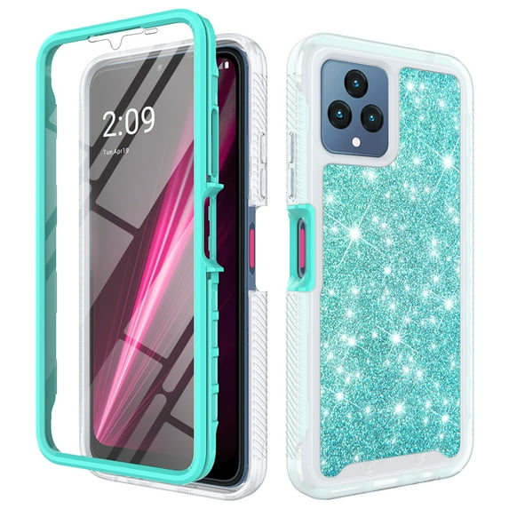 TJS for T-Mobile Revvl 6x 5G / Revvl 6 5G Phone Case, with Built-in Screen Protector, Full Body Protective Glitter Bling Design Heavy Duty Hybrid Cover (Teal)