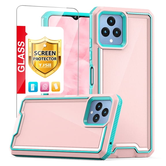 TJS for T-Mobile Revvl 6x 5G / Revvl 6 5G Phone Case, with Tempered Glass Screen Protector, Dual Layer Shockproof Rugged Hybrid Drop Protector Back Cover (Pink)