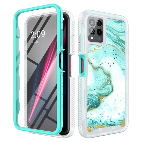 TJS for T-Mobile Revvl 6x Pro 5G / 6 Pro 5G Phone Case, with Built-in Screen Protector, Full Body Protective Glitter Bling Design Heavy Duty Hybrid Cover (Green Marble)