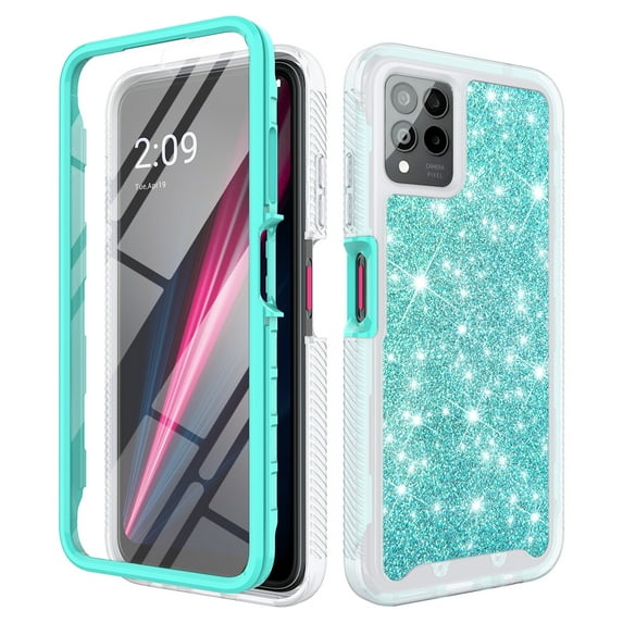 TJS for T-Mobile Revvl 6x Pro 5G / 6 Pro 5G Phone Case, with Built-in Screen Protector, Full Body Protective Glitter Bling Design Heavy Duty Hybrid Cover (Teal)