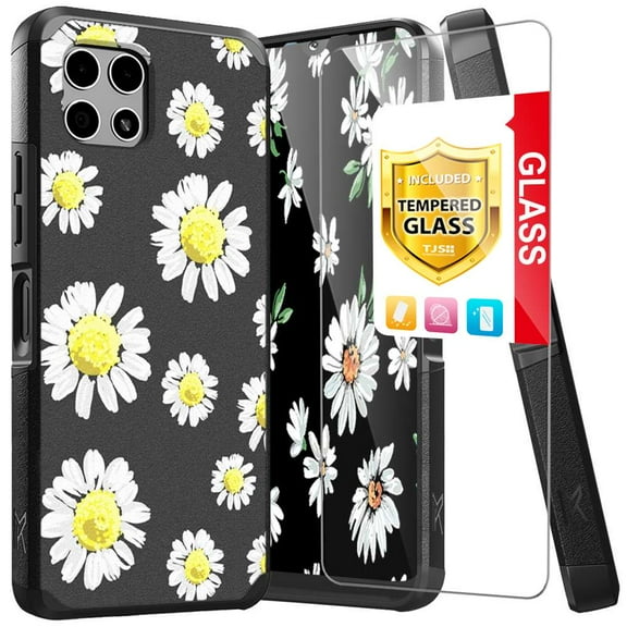 TJS for T-Mobile Revvl 7 5G Phone Case, with Tempered Glass Screen Protector, Dual Layer Hybrid Magnetic Support Shockproof Heavy Duty Cover (Chamomile)