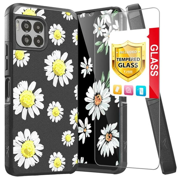 TJS for T-Mobile Revvl 7 Pro 5G Phone Case, with Tempered Glass Screen Protector, Dual Layer Hybrid Magnetic Support Shockproof Heavy Duty Cover (Chamomile)