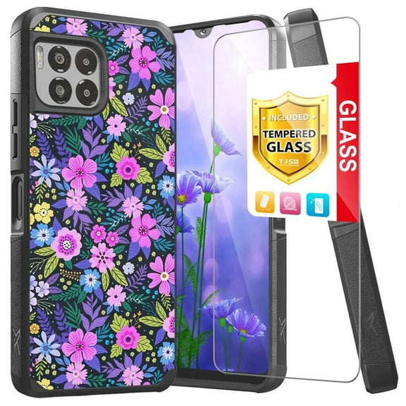 TJS for T-Mobile Revvl 7 Pro 5G Phone Case, with Tempered Glass Screen Protector, Dual Layer Hybrid Magnetic Support Shockproof Heavy Duty Cover (Mystical Floral Boom)