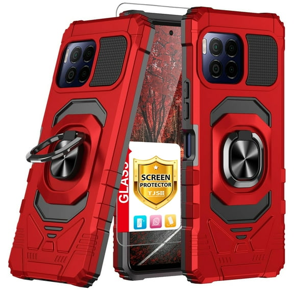 TJS for T-Mobile Revvl 7 Pro 5G Phone Case, with Tempered Glass Screen Protector, [Military Grade] Robotic Magnetic Support Car Mount Metal Ring Holder Kickstand Cover (Red)