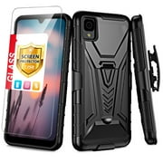 TJS for TCL 30 Z (T602DL) | TCL 30 LE Phone Case, with Tempered Glass Screen Protector, 3 in 1 Combo Belt Clip Holster Impact Resist Rugged Kickstand Cover for Alcatel TCL 30Z / TCL 30L (Black)