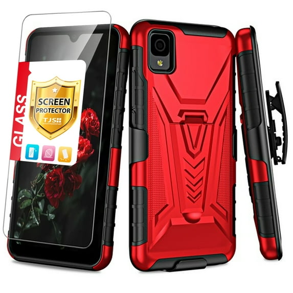 TJS for TCL 30 Z (T602DL) | TCL 30 LE Phone Case, with Tempered Glass Screen Protector, 3 in 1 Combo Belt Clip Holster Impact Resist Rugged Kickstand Cover for Alcatel TCL 30Z / TCL 30L (Red)