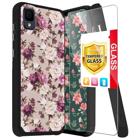 TJS for TCL 30 Z (T602DL) | TCL 30 LE Phone Case, with Tempered Glass Screen Protector, Dual Layer Shockproof Drop Protection Cover Impact Case for Alcatel TCL 30Z / TCL 30LE (Floral Bouquet)