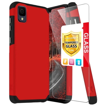 TJS for TCL 30 Z (T602DL) | TCL 30 LE Phone Case, with Tempered Glass Screen Protector, Dual Layer Shockproof Drop Protection Cover Impact Case for Alcatel TCL 30Z / TCL 30LE (Red)