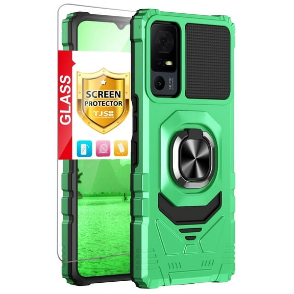 TJS for TCL 40 XE 5G Phone Case, with Tempered Glass Screen Protector, [Military Grade] Robotic Magnetic Support Car Mount Metal Ring Holder Kickstand Cover for TCL 40XE 5G (Green)