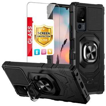 TJS for TCL 40 XL / 40 T / Lively Jitterbug Smart4 Phone Case, with Tempered Glass Screen Protector, [Military Grade] Robotic Magnetic Support Car Mount Metal Ring Holder Kickstand Cover (Black)