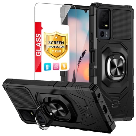 TJS for TCL 40 XL / 40 T / Lively Jitterbug Smart4 Phone Case, with Tempered Glass Screen Protector, [Military Grade] Robotic Magnetic Support Car Mount Metal Ring Holder Kickstand Cover (Black)