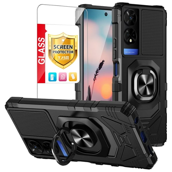 TJS for TCL 50 XE 5G (T614SP) / TCL 50 XE NXTPAPER 5G (T614WS) Phone Case, with Tempered Glass Screen Protector, Magnetic Support Car Mount Metal Ring Holder Kickstand Cover for TCL 50XE (Black)