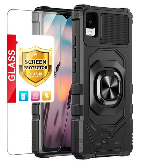 TJS for TCL Ion Z Phone Case, with Tempered Glass Screen Protector, [Military Grade] Robotic Magnetic Support Car Mount Metal Ring Holder Kickstand Cover (Black)