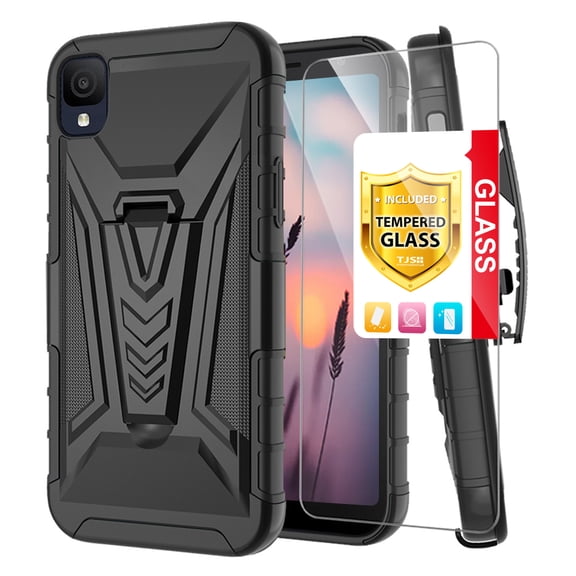 TJS for TCL Ion Z / TCL A3 A509DL / TCL A30 Phone Case, with Tempered Glass Screen Protector, 3 in 1 Combo Belt Clip Holster Impact Resist Rugged Kickstand Phone Cover (Black)